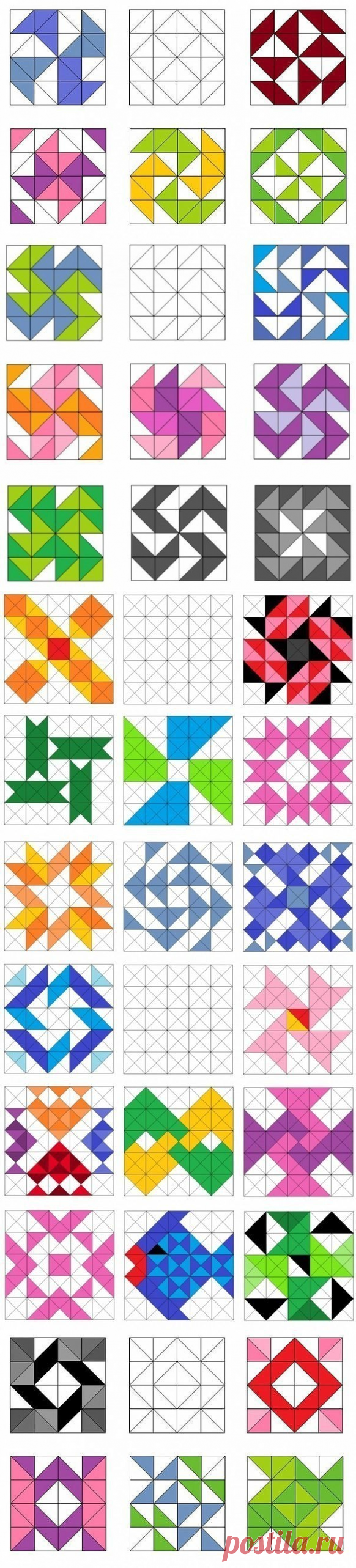 Образцы лоскутных блоков с использованием квадратов и треугольников — Сделай сам, идеи для творчества - DIY Ideas