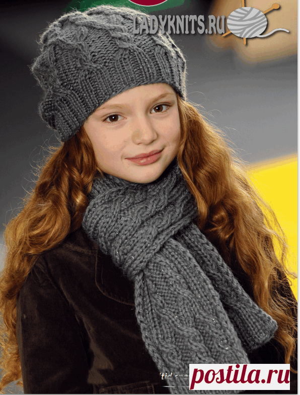 Вязаная спицами красивая шапка и шарф с косами для девочки от 2 до 14 лет