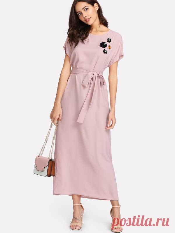 Модное платье с цветочной аппликацией, рукав-летучая мышь