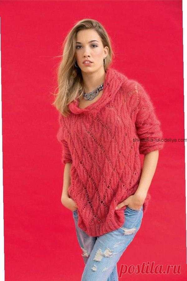 Розовый пуловер с капюшоном Розовый пуловер с капюшоном. Женский пуловер из мохера спицами 2019