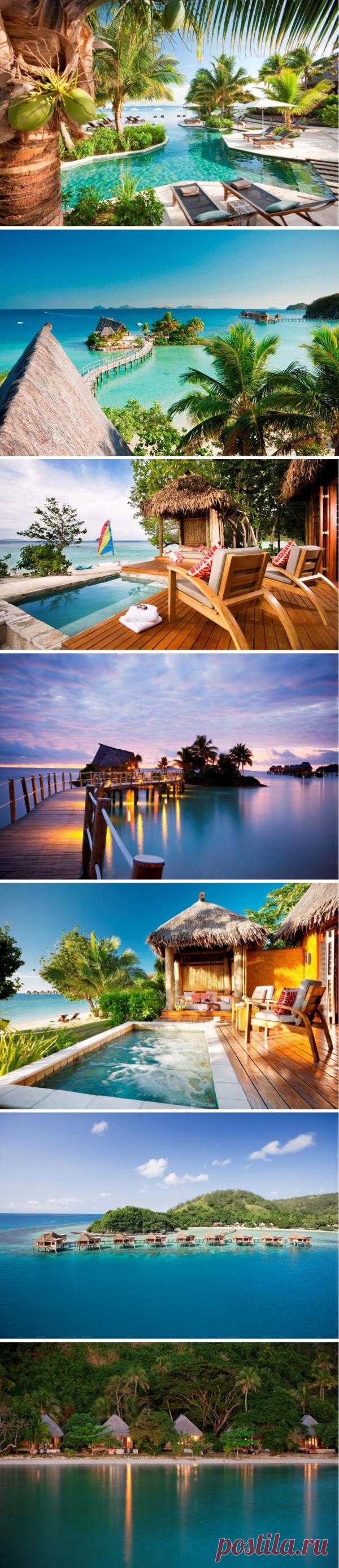 Истинный экзотический рай, окруженный чистыми голубыми водами и нетронутыми песчаными пляжами, удивительными тропическими цветами и пышной растительностью. Отдых здесь не из дешёвых. Наслаждайтесь фото! Курорт Likuliku Lagoon Resort, Фиджи