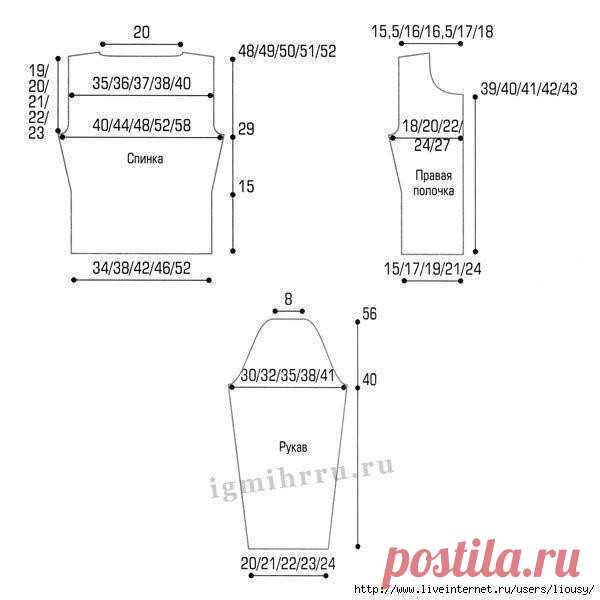Универсальные выкройки для вязания жакетов и пуловеров      

Частенько бывает, что хочется что-то связать и узор выбран, но из-за отсутствия выкройки вязание вызывает затруднение... Предлагаю универсальные выкройки жакетов и пуловеров для различных размеров. Размеры российские. Приятного всем рукоделия!
Жакет
Размер 34-36 (38-40) 42-44 (46-48) 50-52