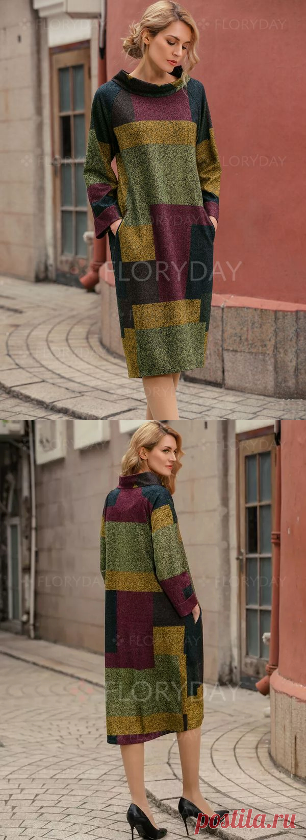 Базовое Миди Платья с сочетанием контрастных цветов с длинными рукавами - Floryday