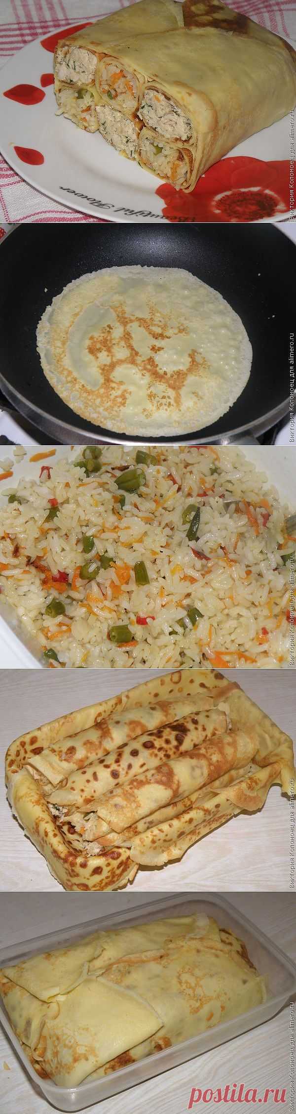 Блинный пирог с курицей и рисом / Рецепты с фото