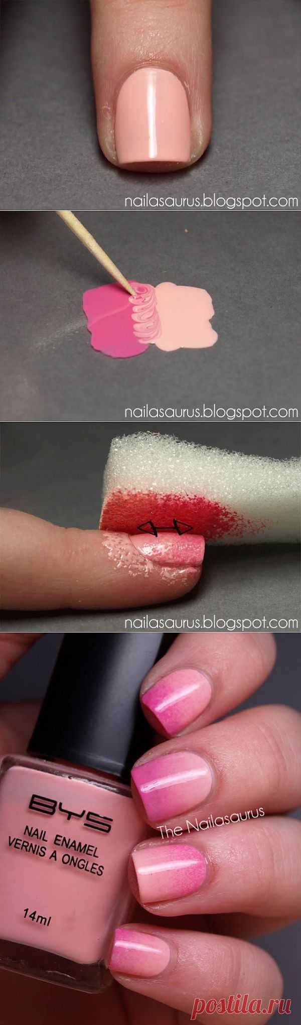 Градиент на ногтях 
 1.лаки (розовый двух оттенков, бесцветный)
 2.губка
Шаг1: покрываем ногти светлым лаком
Шаг 2: обмакиваем губку в подготовленное пятно лака
Шаг 3 :с помощью губки окрашиваем ногти
 Шаг 4 :покрываем бесцветным лаком и получаем вот такой результат