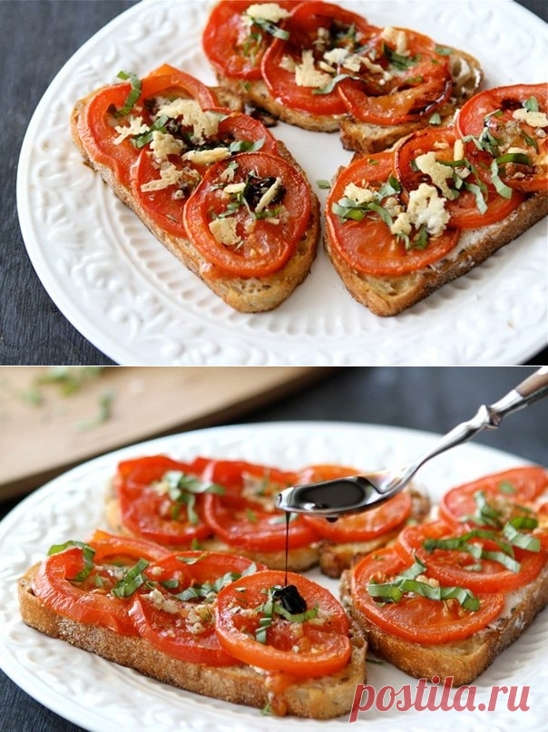 Как приготовить открытый бутерброд с запеченными помидорами, сыром и бальзамическим уксусом - рецепт, ингридиенты и фотографии