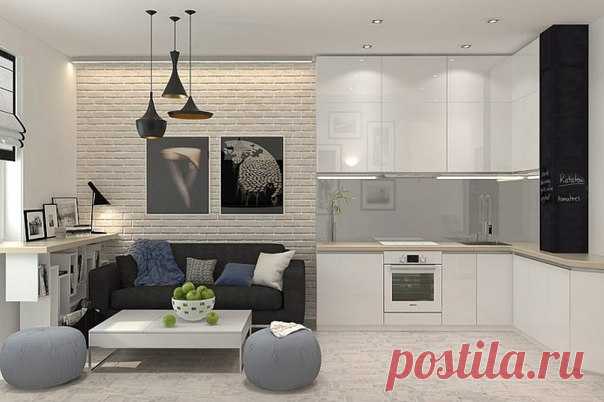 Проект дизайна квартиры 48 кв. м. Основное требование заказчика - создание элегантной гостиной, совмещенной с кухней.
