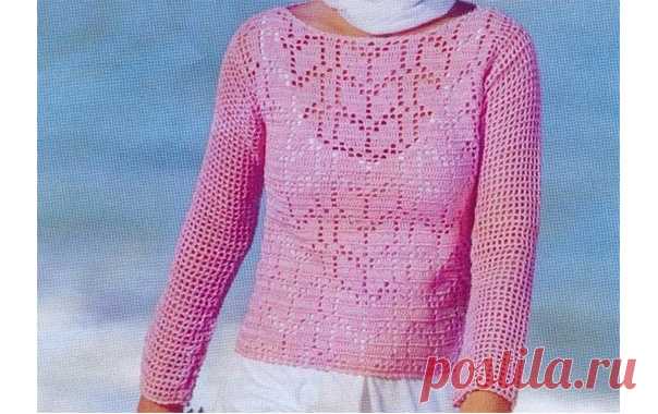 Пуловер филейный узором Пуловер филейный узором. Схема вязания крючком и текстовое руководство