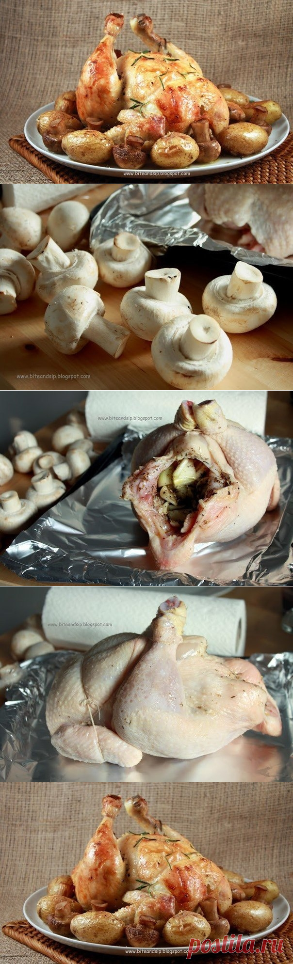 Как приготовить курица, запечённая с грибами - рецепт, ингридиенты и фотографии