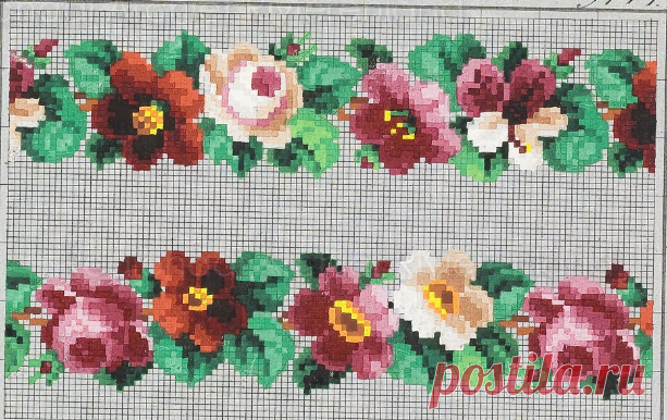 De voorstelling op dit borduurpatroon bestaat uit twee randen met bloemen: 1. Een rand met zalmkleurige rozen en rode en rose anemonen en groene bladeren. 2. Een rand met roserode rozen, rode en roserode anemonen en groene bladeren, 1846-1868