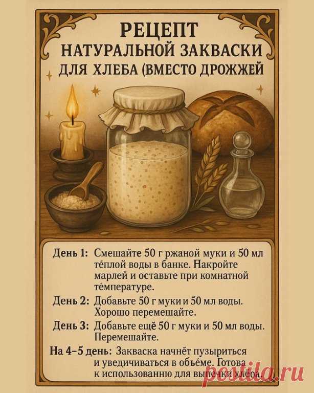 Натуральная закваска вместо дрожжей
Если вы мечтаете о домашнем хлебе с насыщенным вкусом и невероятным ароматом — попробуйте испечь его на закваске. Она не только делает выпечку более вкусной, но и полезной для здоровья.
Почему закваска лучше дрожжей?
• Улучшает усвояемость хлеба.
• Придаёт корочке хруст, а мякишу — нежность и воздушность.
• Делает вкус более глубоким, с лёгкой кислинкой.
• Хлеб дольше остаётся свежим.
Как приготовить закваску:
День 1: Смешайте 50 ...
