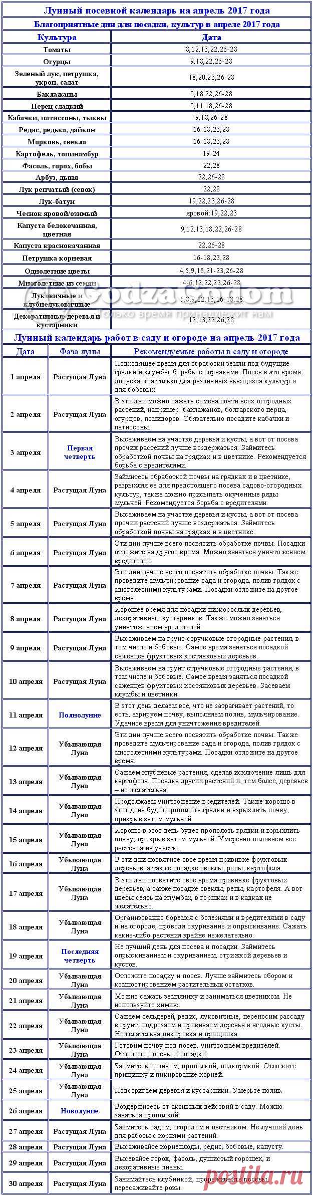 Посевной календарь на апрель 2017г. - Садоводка