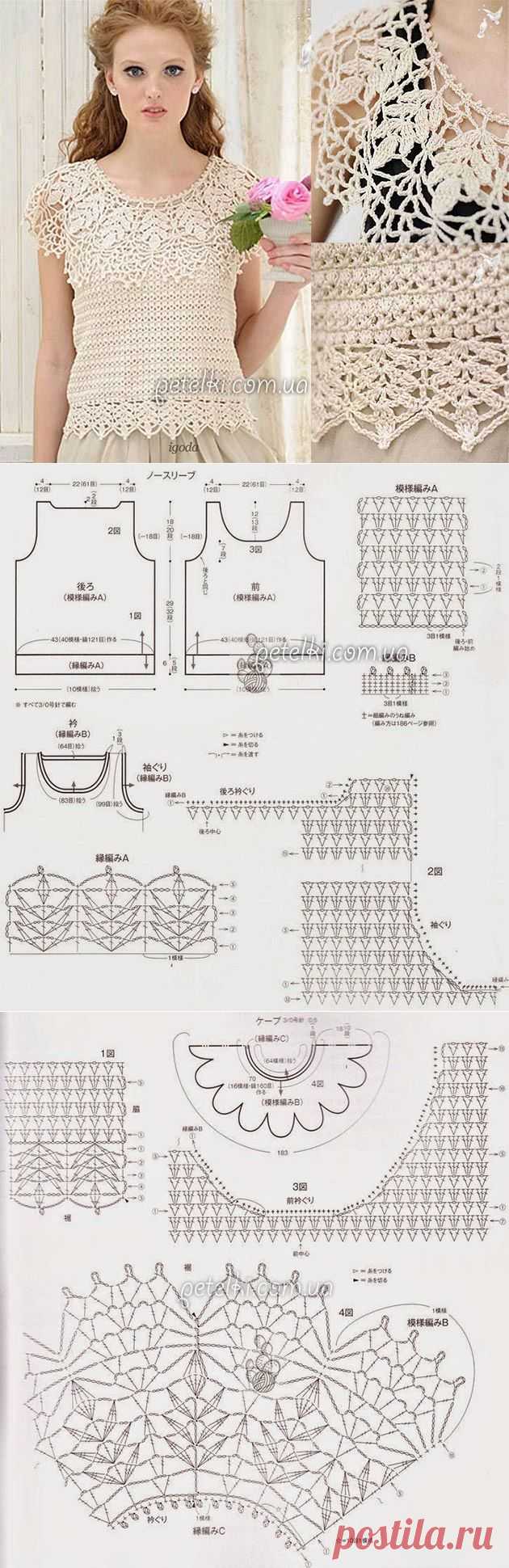 Топ с круглой ажурной кокеткой. Схемы вязания