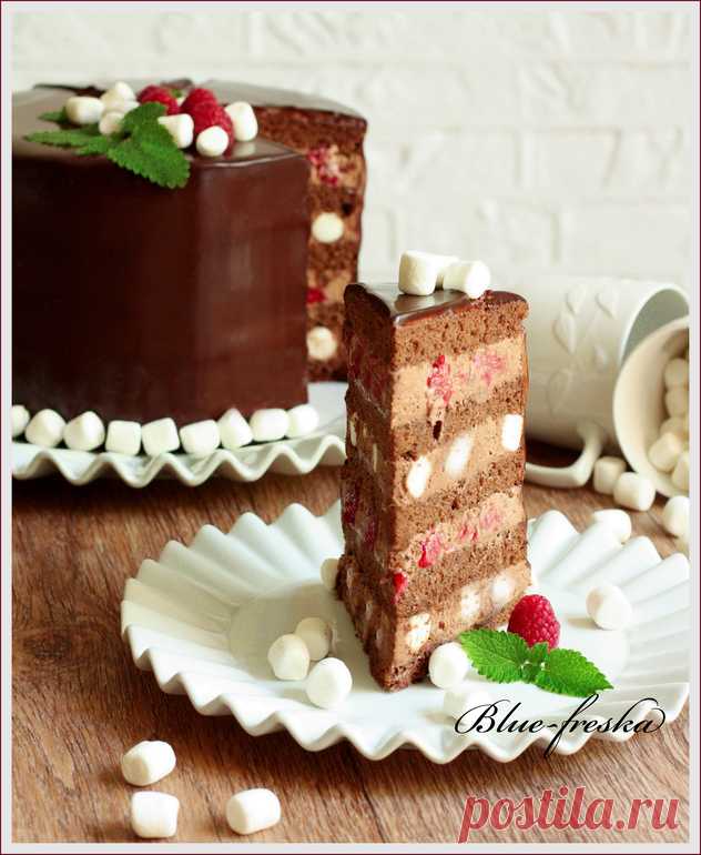 Шоколадный торт с малиной и маршмеллоу.