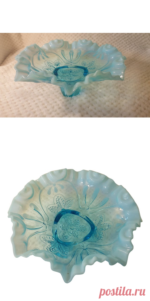 Jefferson Glass Aqua Opalescent Footed Bowl | Chairish