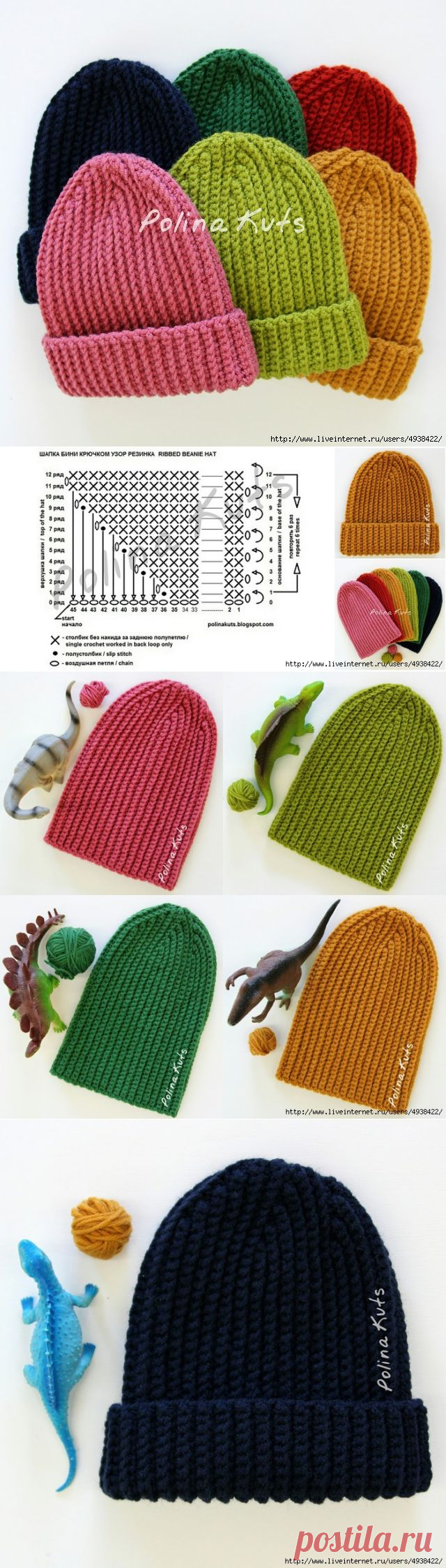 Шапка бини крючком узором "Резинка". Ribbed beanie hat.