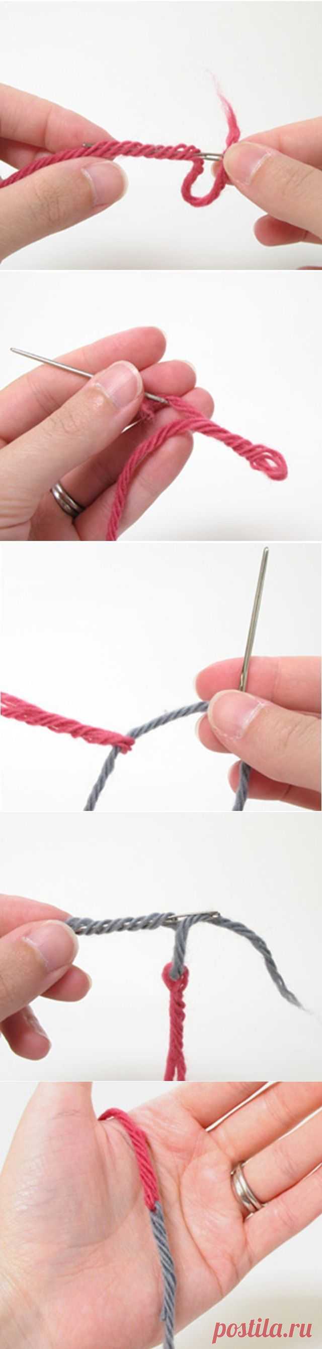 Как соединить концы нитей без узла в вязании..