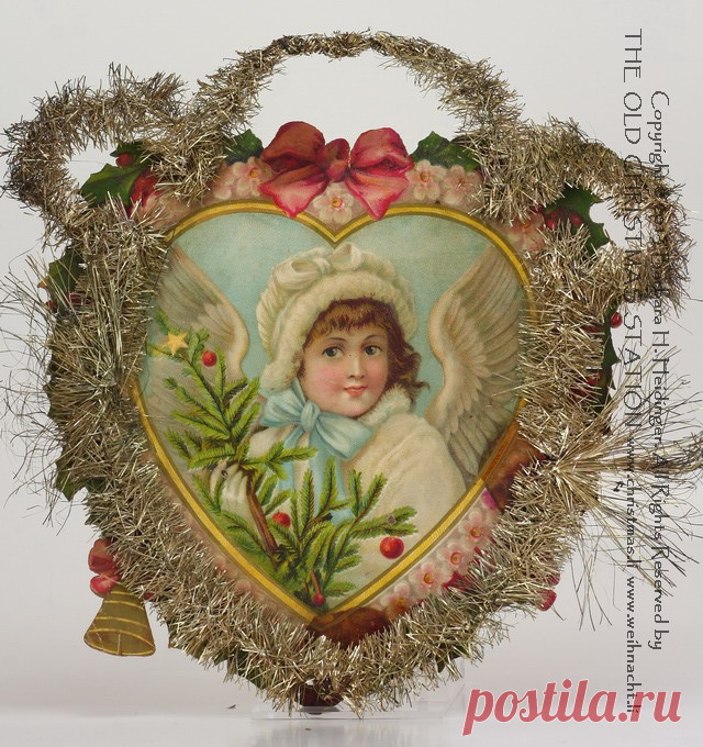 THE OLD CHRISTMAS STATION - Angel in a Heart Shape :: Tinsel and Scrap Ornament :: Tinsel and Scrao :: Satchel :: Toys :: Tree:: Belsnickle :: Belsnickel :: old christmas ornament :: Dresden Paper :: antique :: German Christmas Decorations :: figural glass :: Sebnitz :: old Cotton Ornaments :: Heubach :: Kugels :: vintage :: Christmas Rarities