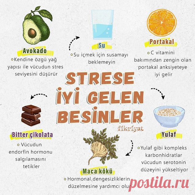 Photo by Fikriyat on March 17, 2021. May be an image of food and text that says 'Su Portakal Avokado oSu içmek için susamayı °C vitamini oKendine özgü yağ beklemeyin bakımından zengin olan yapısı ile vücudun stres portakal anksiyeteye seviyesini düşürür STRESE iyi gelir İYİ GELEN BESİNLER fíkríyat Bitter çikolata Vücudun endorfin hormonu salgılamasını tetikler Yulaf Yulaf gibi kompleks karbonhidratlar vücudun serotonin düzeyini yükseltiyor Maca kökü .Hormonal dengesizlikle...