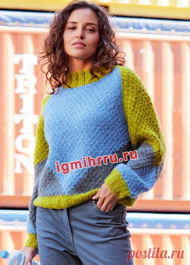 Трехцветный пуловер с жемчужным узором. Вязание спицами со схемами и описанием