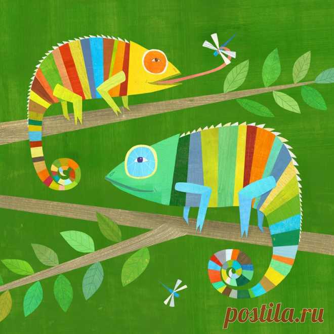 Striped Chameleons Giclee Art Print Lizard Illustration for | Etsy