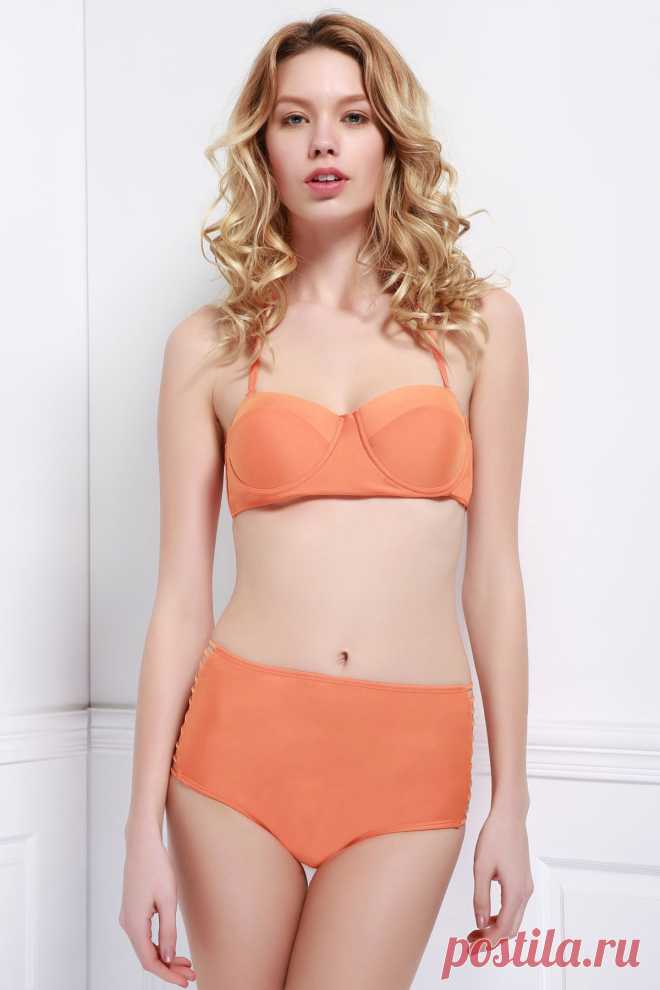 Women's Solid Color Halter Hollow Out Bikini Set - Orange - S