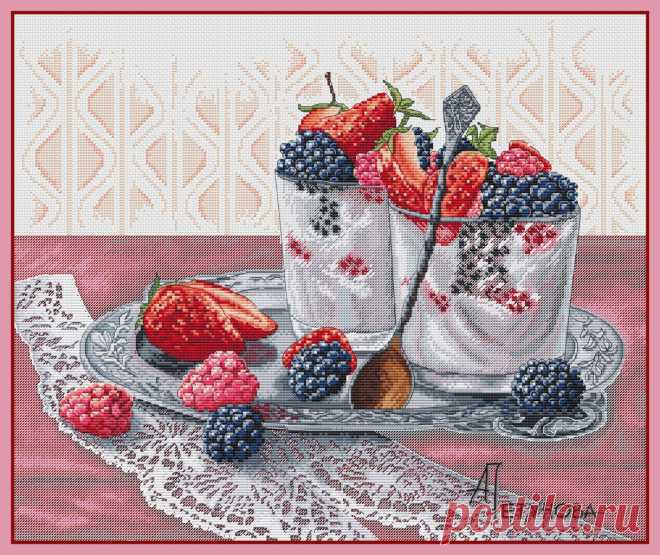 Ягодный десерт. По мотивам картины Марии Мишкаревой. 240х198 кр, 31 чистый цвет+7 блендов, счетный бэк. 500 руб.