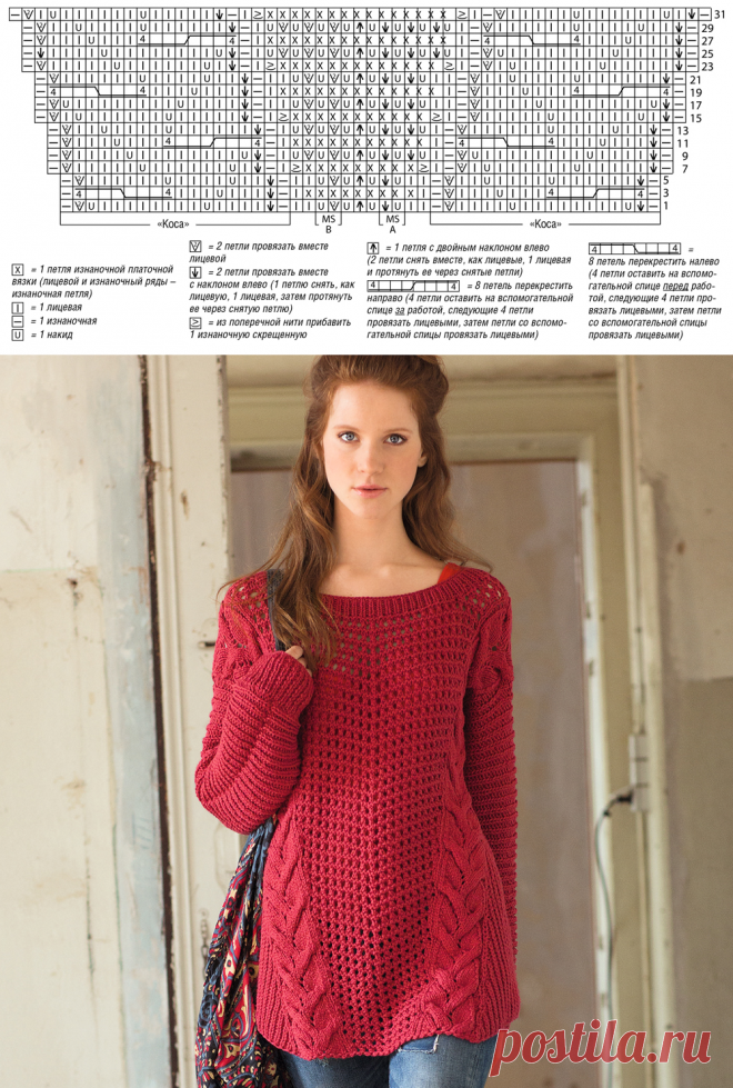 Красный джемпер в стиле оверсайз - схема вязания спицами. Вяжем Джемперы на Verena.ru