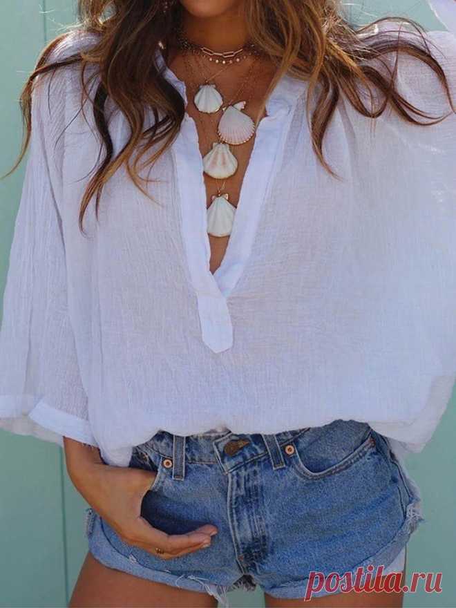 Solid Color V Neck Loose Casual Beach Women Blouse - US$21.99