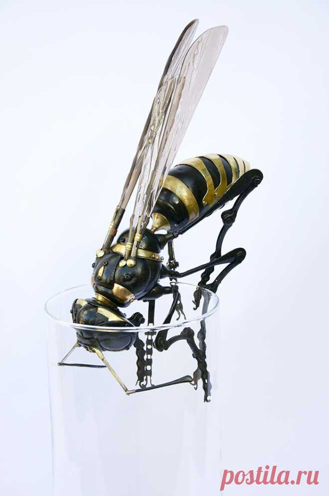 Wasp. 11″ x 6″ x 16″ H. Abdomen: steel tips for boots, bike headlights. Thorax and head: steel tips and bells from bikes and typewriters. Eyes: vintage watch case. Antennae: spectacles arms. Legs: bike brakes, bike chain, spoon handles. Wings: glass.