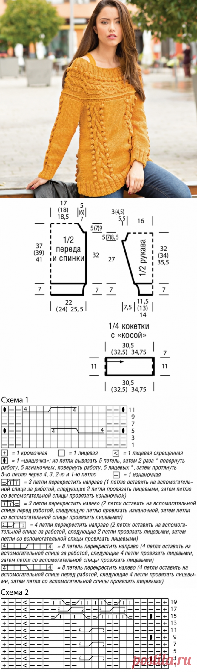 Очень красивый джемпер с круглой кокеткой и узором из «шишечек»