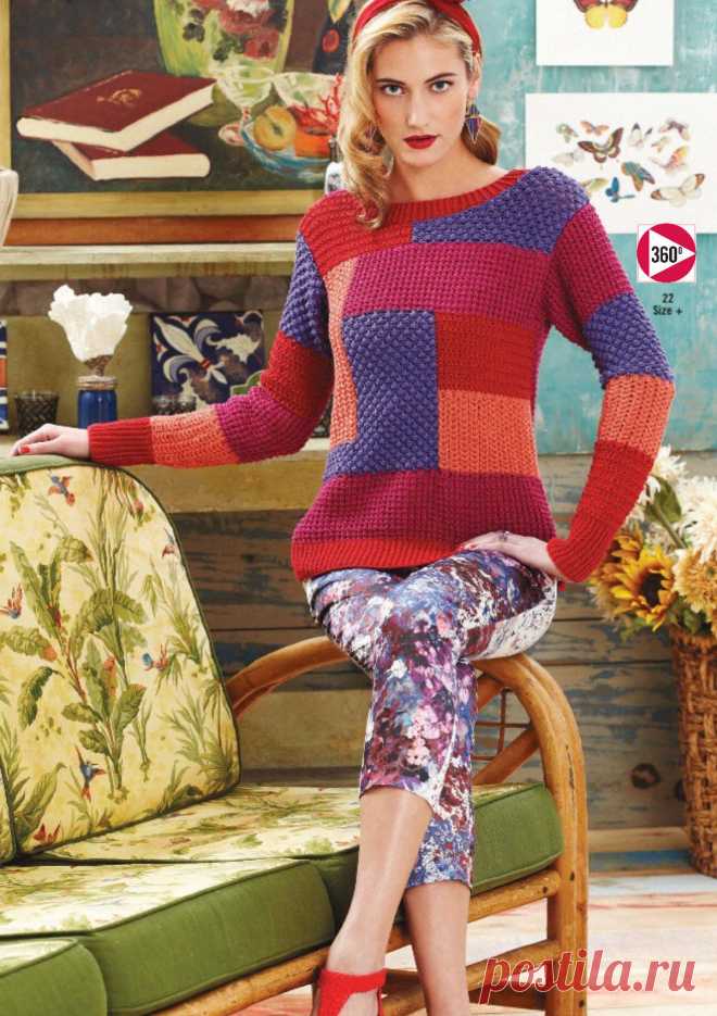 В стиле Vogue: пуловер в технике "пэчворк" спицами. Все размеры .
