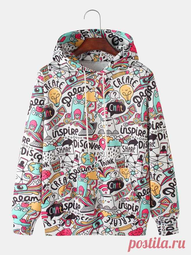 Mens Cute Cartoon Print Long Sleeve Kangaroo Pocket Drawstring Hoodies - US$29.99