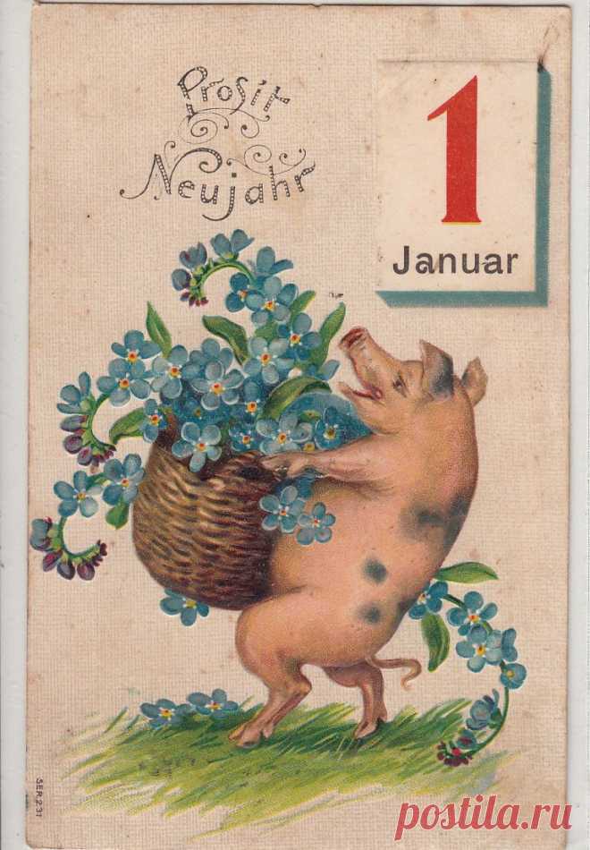 NEW Year 1st January Luck PIG Carry Blue Flowers Bascket Cochon Fleurs Fantaisie | eBay