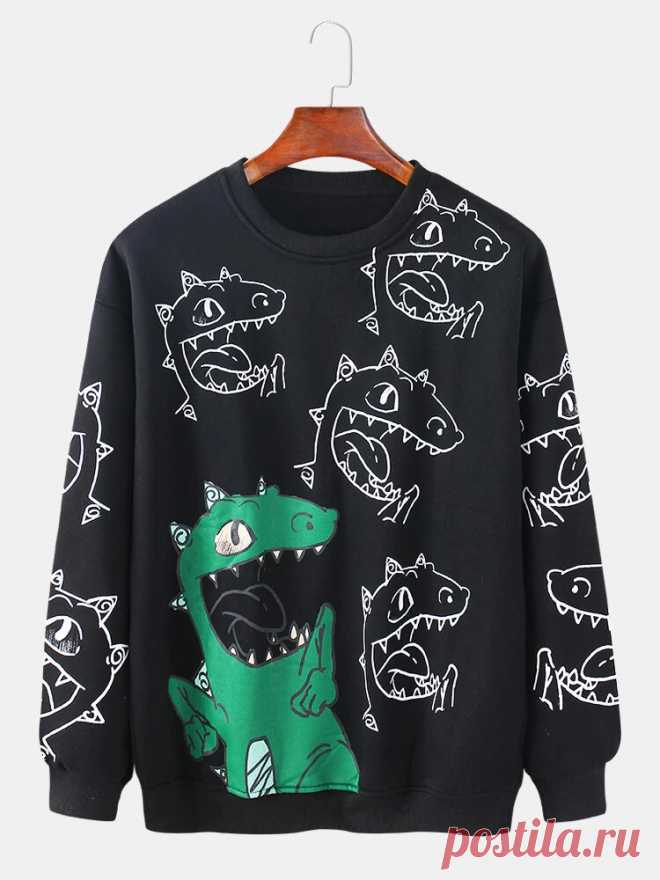 Mens Cartoon Dinosaur Print Pullover Long Sleeve Cute Cotton Sweatshirts - US$29.99