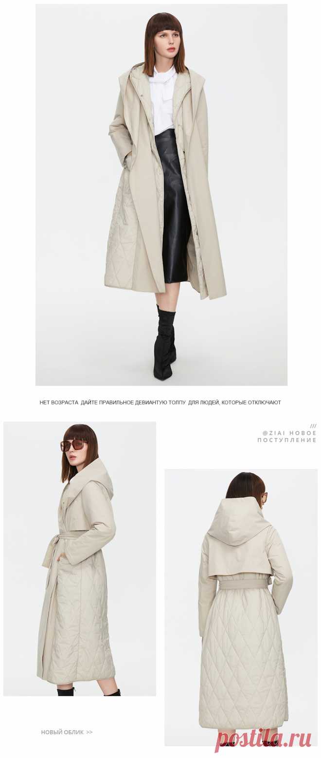 Женская Осенняя стеганая куртка ZIAI 2021, женский длинный тонкий хлопковый тренчкот, элегантная ветровка с капюшоном и поясом на скрытых пуговицах | Женская одежда | АлиЭкспресс