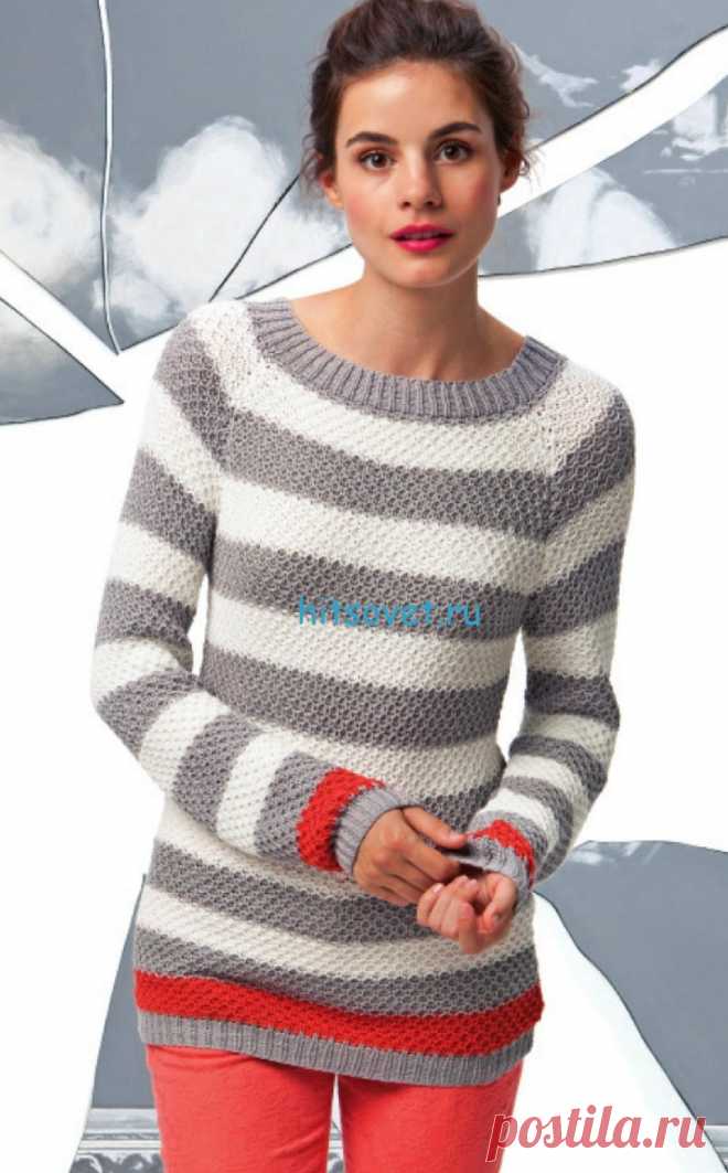 Модный полосатый пуловер спицами - Хитсовет Модный полосатый пуловер спицами. Вам потребуется: пряжа LANG YARNS MOINA (вискоза, полиамид, шелк) 300/300/350/400 г