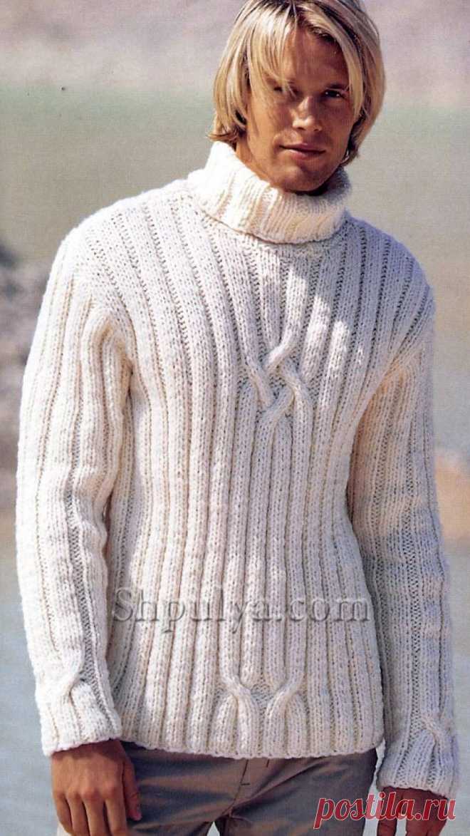 www.SHPULYA.com - Белый мужской свитер, вязаный спицами