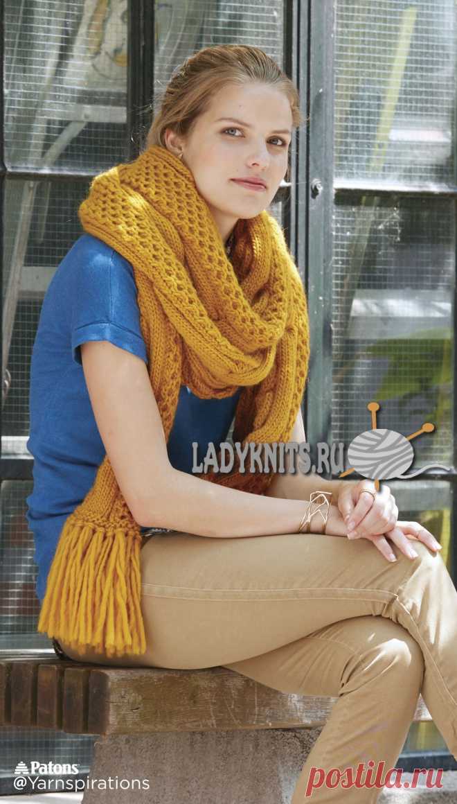Вязаный спицами объемный красивый шарф с узорами из сот и кос