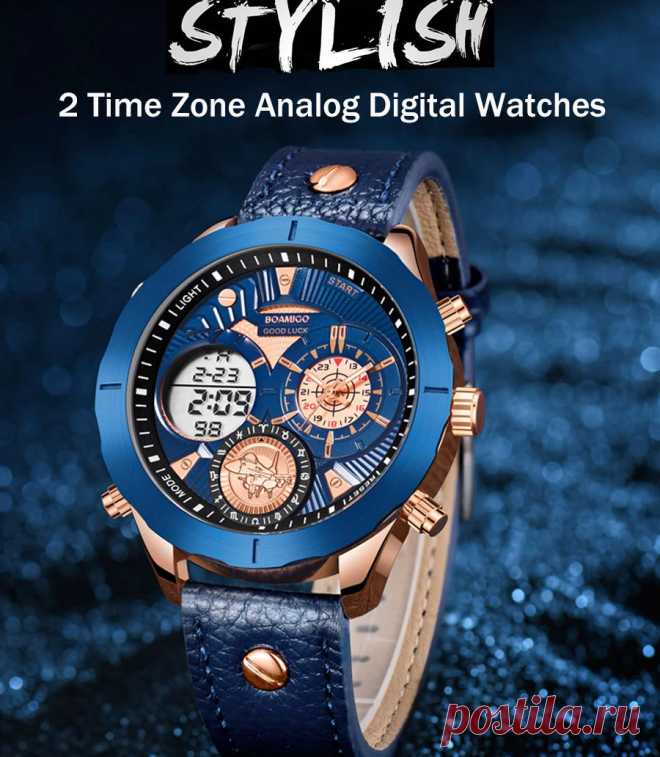 Boamigo f940 dual time zones analog digital watch leather band led light men wrist watch Sale - Banggood.com