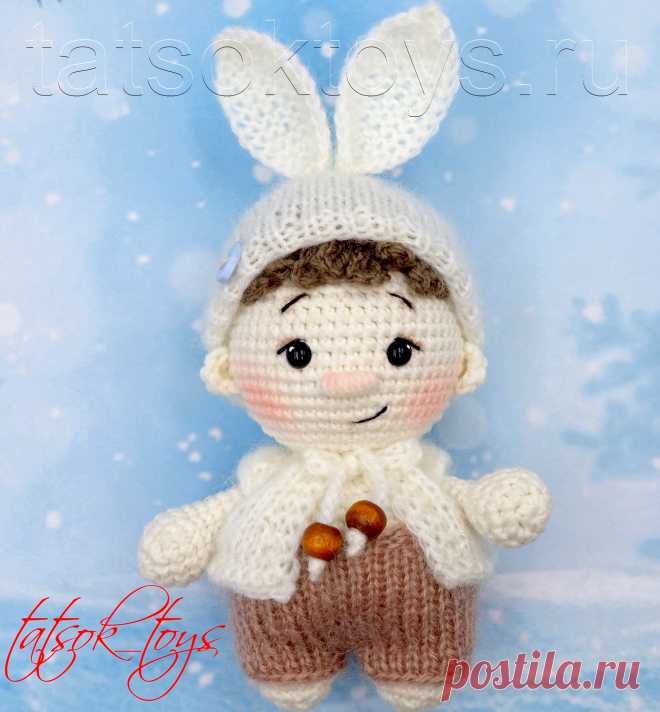 PDF Мальчик-зайчик крючком. FREE crochet pattern; Аmigurumi doll patterns. Амигуруми схемы и описания на русском. Вязаные игрушки и поделки своими руками #amimore - маленькая кукла в шапочке с заячьими ушками, пупс, куколка, пупсик, мальчик.