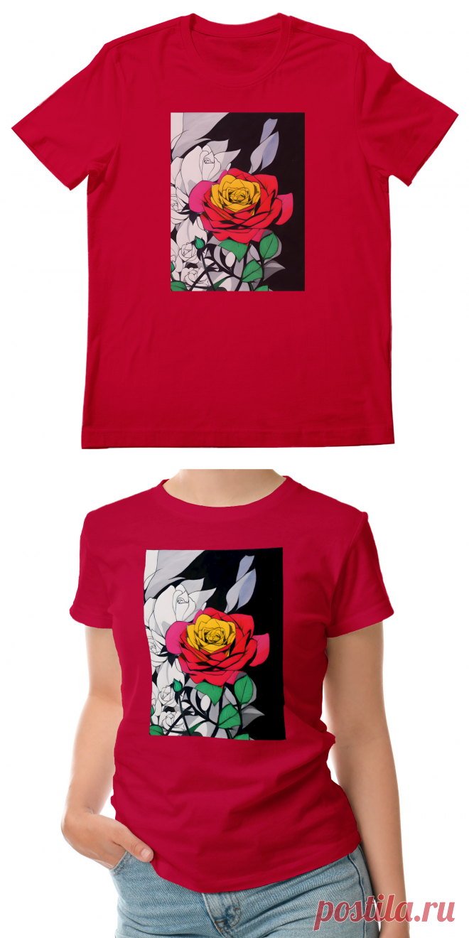 Женская футболка «Красно-желтая роза» цвет белый - дизайнер принта Anstey