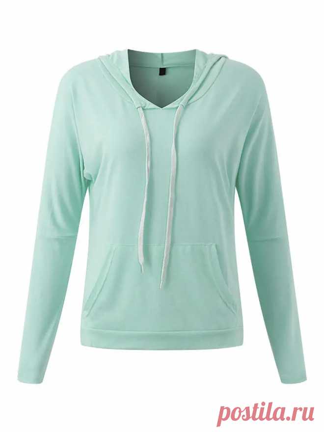 Casual Women Candy Color Long Sleeve Drawstring Hooded T-Shirts - US$16.99