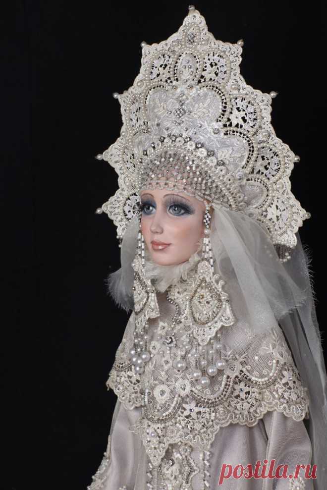 (91) A porcelain doll in a stylized Russian outfit. The outfit and the headdress "Kokoshnik" are made of lace and decorated with artificial pearls. #fol…
