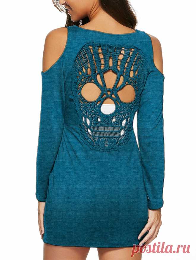 Hollow Out Skull Backless Sheath Dress (PEACOCK BLUE,L) | Sammydress.com