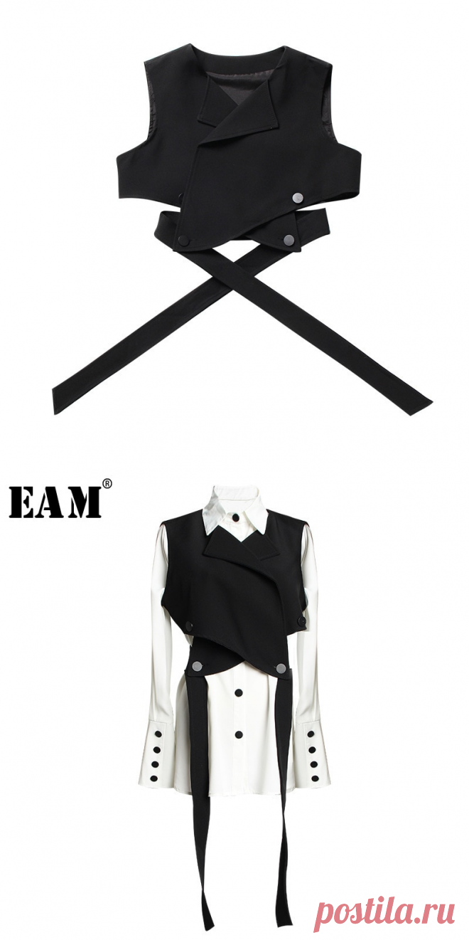[EAM] женский черный бандажный жилет, блузка из двух частей, новая свободная рубашка с отворотом и длинным рукавом, модная весенняя Осенняя 2019 JR675-in Блузки и рубашки from Женская одежда on AliExpress - 11.11_Double 11_Singles' Day