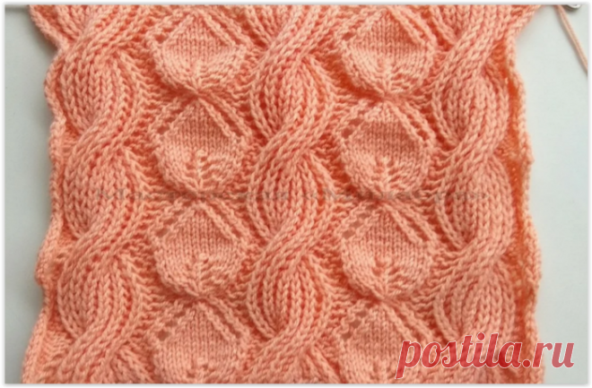 Нежный узор с листиками и жгутами из английской резинки - схема вязания спицами