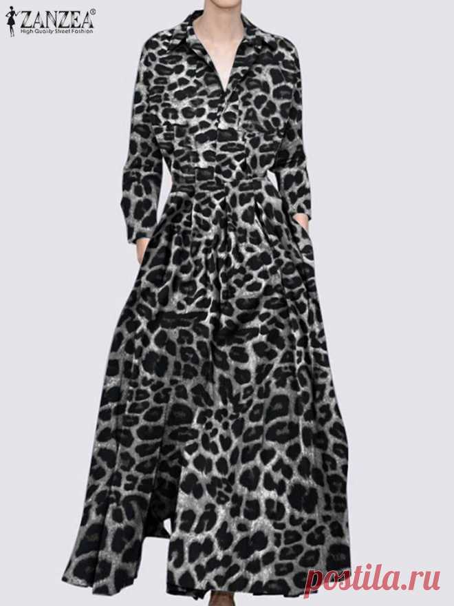 Элегантное платье-рубашка для женщин ZANZEA шикарное платье в пол с отложным воротником осень 2022 платья макси с принтом повседневные праздничные вечерние платья а-силуэта | АлиЭкспресс