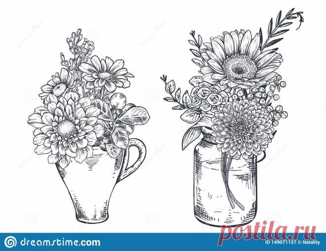 Bouquets With Hand Drawn Flowers And Plants In Vases Jars. Stock Vector B61
