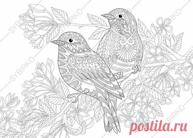 Coloring Pages for adults. Love Birds. Spring Flowers. | Etsy
